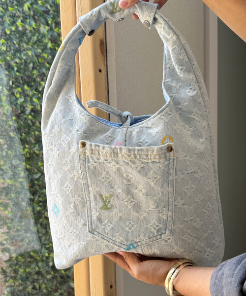 Small Repurposed DoubleDenim Mono Hobo Bag.